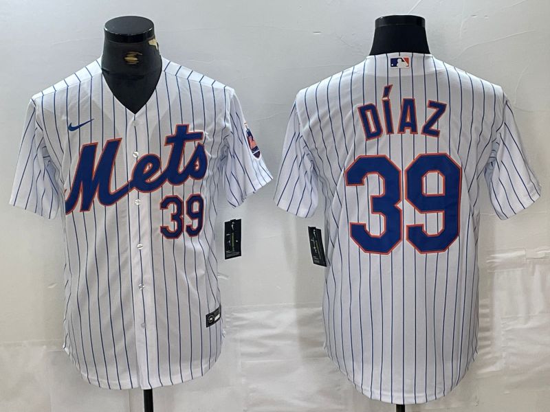 Men New York Mets 39 Diaz White Stripe 2024 Nike Game MLB Jersey style 1